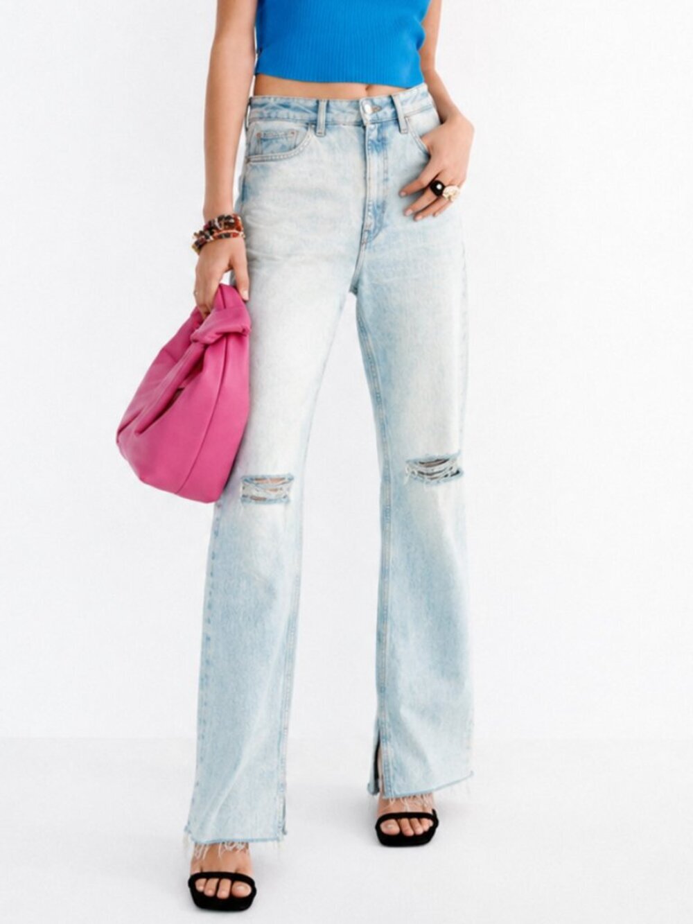 Zara Light Wash High Rise Distressed Split Hem Jeans Size 6